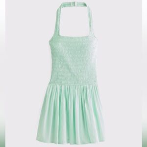 Abercrombie & Fitch Drop-Waist Smocked Halter Mini Dress in Light Mint